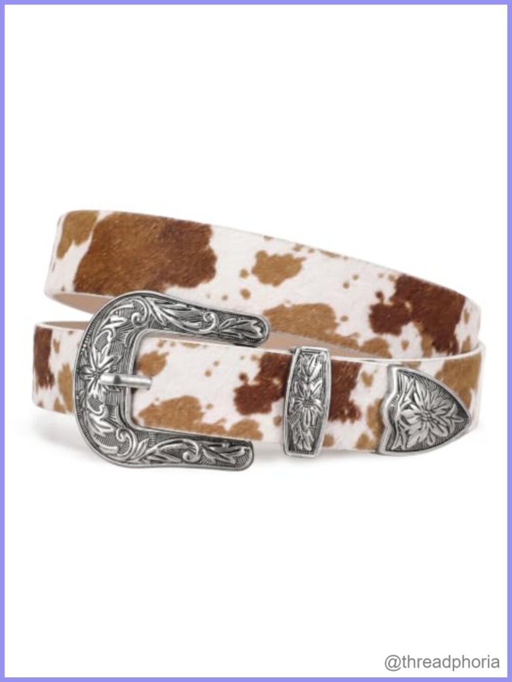 Western Cow Print Faux Leather Belt Silver Buckle Vintage Style